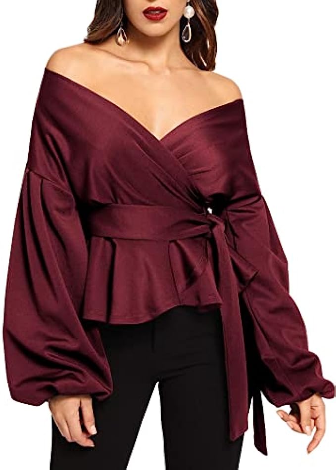 SheIn Women's Long Sleeve V Neck Ruffle Blouse Off Shoulder Tie Waist Wrap Tops