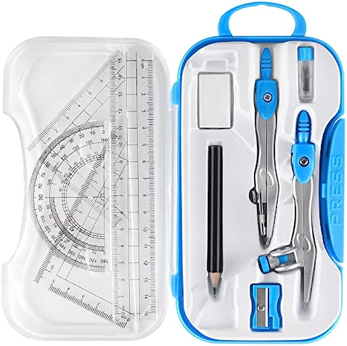 Professional Math Geometry Set, Compass for Geometry, 10 pcs Geometry Tool Set with Shatterproof Storage Box, Ruler Compass, Drafting Tools, School Supplies, Drawing Tools for Engineers Students