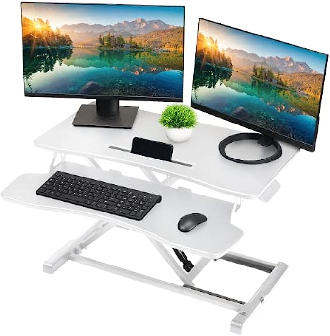 TechOrbits Computer Desk Converter-37-inch Height Adjustable, MDF Wood, Sit-to-Stand Riser-White, 37"