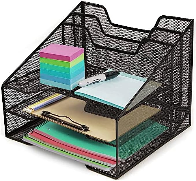 Halter Mesh Desk Organizer for Office Supplies Organization - 5 Compartments - 3 Letter Tray and 2 Vertical Upright Folder Holder - Ideal Paper Sorter and File Organizer for Home or Office - Black