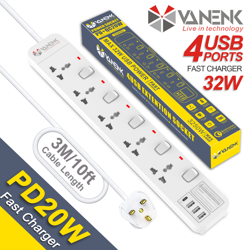 VANENIK Safety Power Strip with USB Type C PD20W Fast Charger Universal Power Extension Socket With USB Surge Protector Extension Cord 3M Singapore UK Plug Top