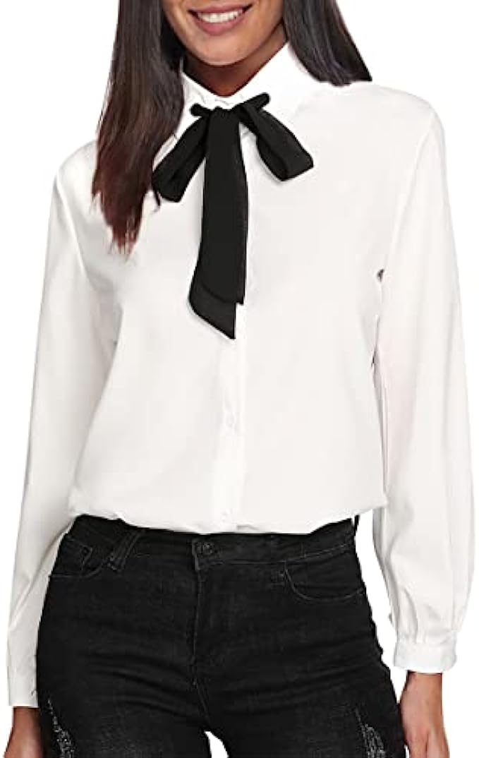 SheIn Women's Bow Tie Neck Ruffle Long Sleeve Chiffon Shirt Blouse Top