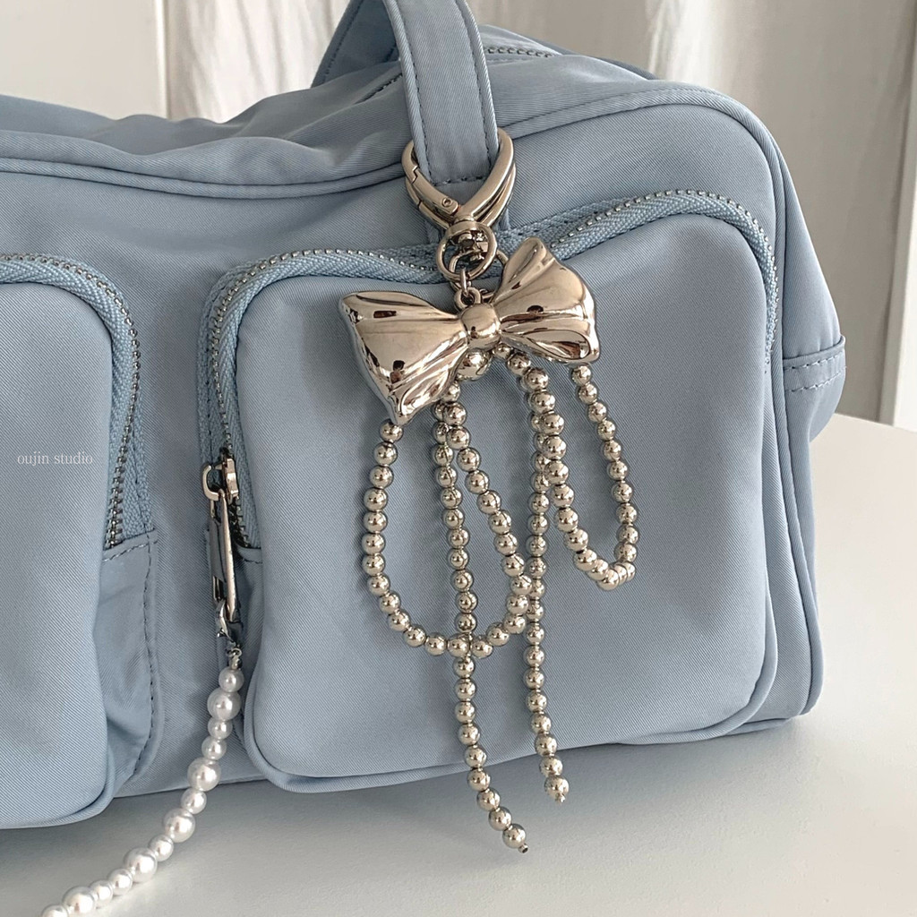 Korean Niche ins Sweet Girl Pearl Silver Bow Beaded Bag Pendant Car Keychain Bag Pendant